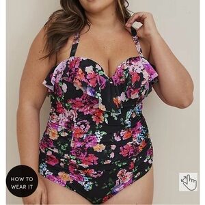 Torrid Vibrant Floral One Piece Swimsuit - Black and Pink